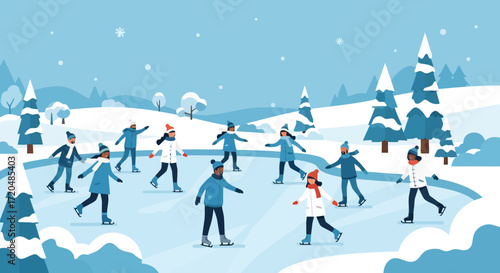 A joyful winter scene featuring a group of diverse people ice skating on a frozen pond surrounded by snow-covered trees and rolling hills under a clear blue sky