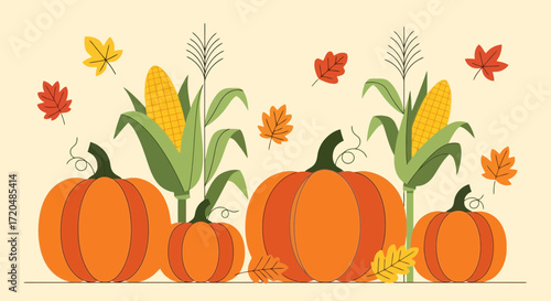 Autumn harvest celebration design featuring pumpkins, corn stalks, and falling leaves for thanksgiving, fall, and seasonal decorations