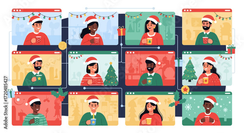 Festive online gathering showcasing diverse individuals celebrating christmas virtually through a video call, ideal for holiday greetings and digital event promotions