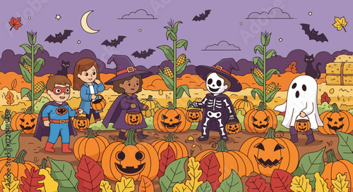 A festive halloween illustration showcasing children in costumes trick-or-treating in a pumpkin patch under a moonlit sky with bats flying for seasonal holiday celebrations.