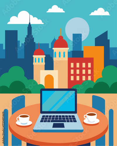 A laptop on a bistro table showcasing a panoramic view of an eclectic cityscape.. Vector illustration