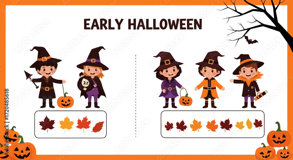 Fototapeta premium An educational halloween themed matching game for young children featuring cute cartoon witches and autumnal leaves to promote early learning
