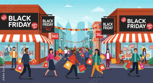 Animated city street scene featuring diverse shoppers carrying bags and signage indicating a Black Friday sale for a holiday shopping promotion