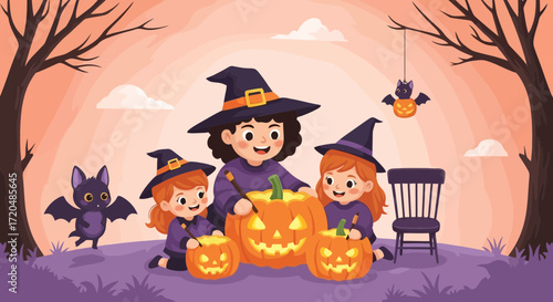 An adorable illustration of a witch and her two apprentice daughters carving pumpkins for Halloween night, creating a festive and family-friendly autumn scene