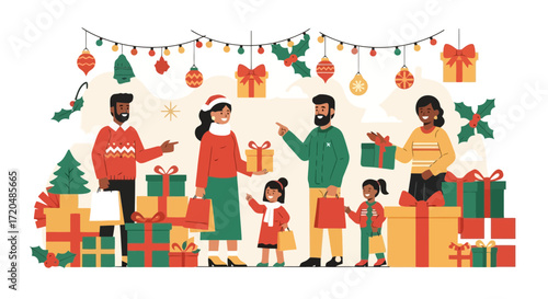 A joyful christmas gathering with diverse families exchanging gifts under festive decorations, illustrating holiday cheer and togetherness for seasonal celebrations