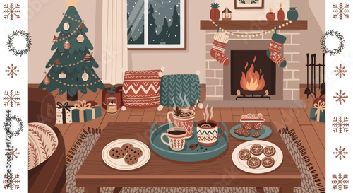 An inviting christmas living room scene with a festive tree, cozy fireplace, warm beverages, and delicious cookies in a hand-drawn illustration