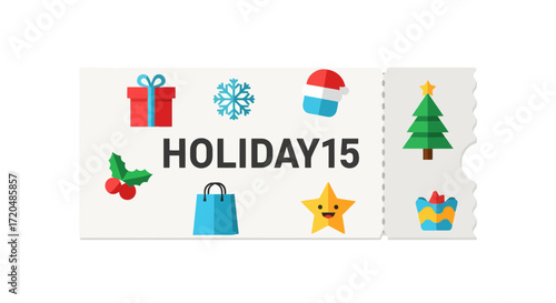 Promotional holiday discount coupon ticket featuring festive christmas symbols, ideal for seasonal marketing campaigns and retail advertising to boost sales during the holiday season