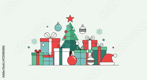 An illustration of a festive christmas tree surrounded by gifts and decorations, perfect for holiday greetings, festive social media posts, and seasonal marketing materials