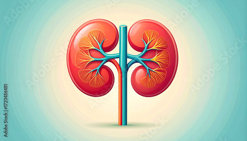 Illustration of the human kidney, a vital organ of the urinary system, depicted with its intricate vascular network