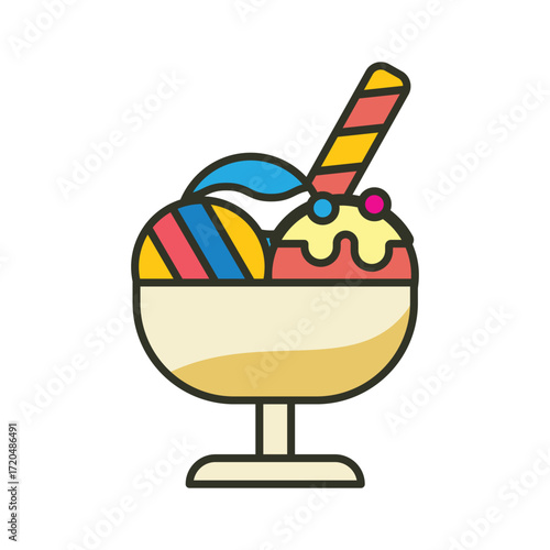 A colorful ice cream sundae in a dish with a striped wafer