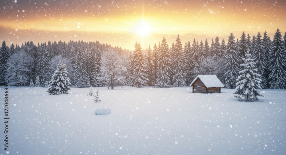 Naklejka premium A tranquil winter scene showcases a quaint wooden cabin nestled amidst a snow-covered forest, bathed in the warm glow of a sunrise.
