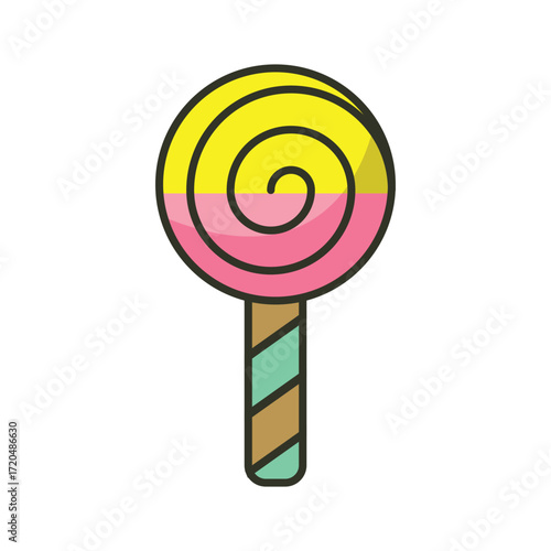 A colorful swirl lollipop on a striped stick