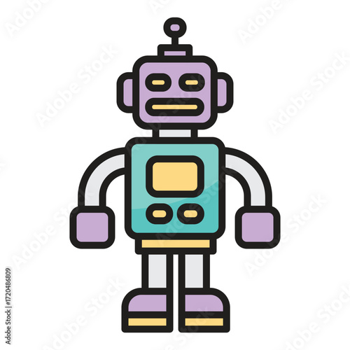 A colorful cartoonstyle robot with a square head and a rectangular body