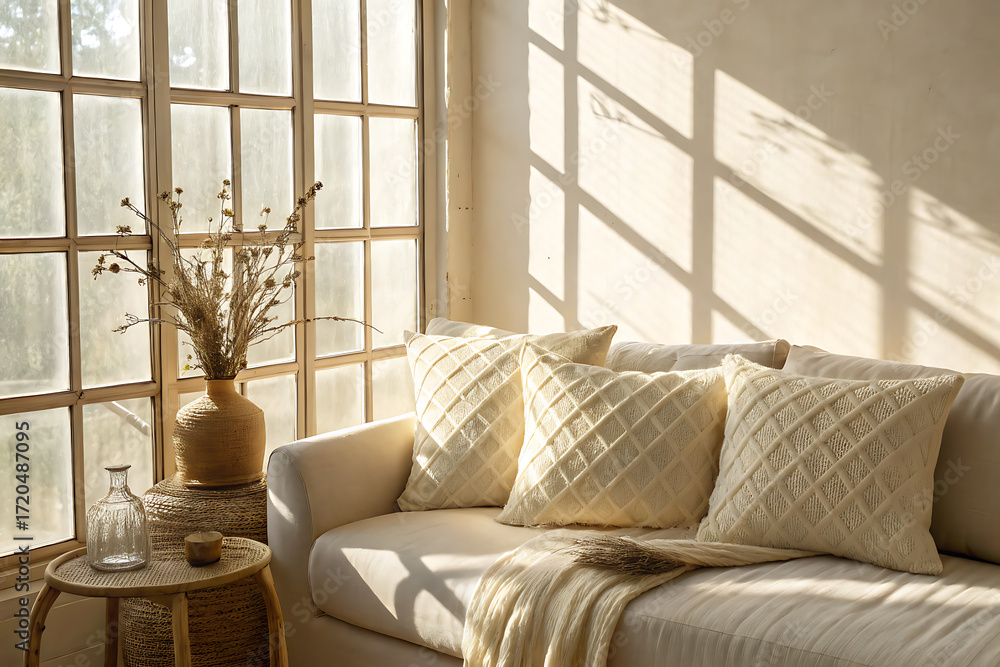 Fototapeta premium Cozy living room corner with sunlight streaming through a large window onto a sofa