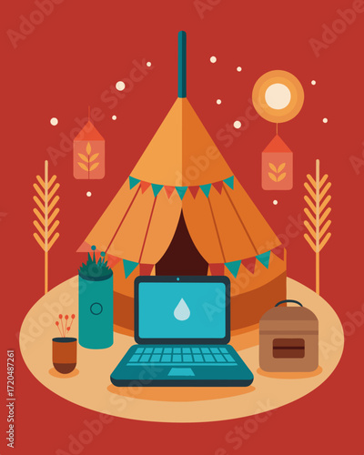 A modern laptop was an unexpected addition to the rustic yurt but it sat comfortably amidst traditional decorations and furnishings.. Vector illustration