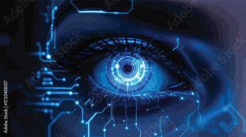 Close up of a futuristic blue digital eye with circuit board patterns technology.