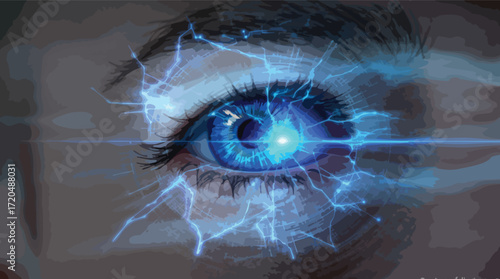 Close-up of a Blue Human Eye with Electric Blue Lightning Crackles vector illustration.