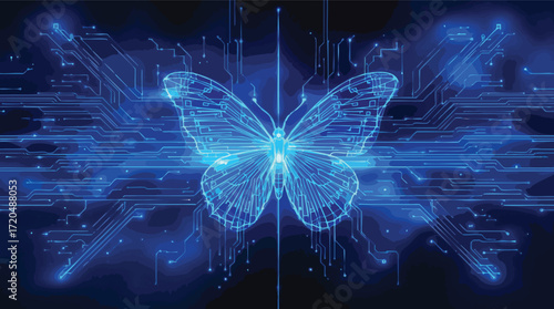 Digital Butterfly Silhouette Formed by Blue Circuit Board Lines and Lights technology.