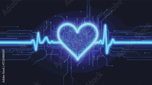 Digital heart with glowing circuit board and electrocardiogram pulse love health.