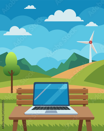 A laptop on a traditional wooden bench providing a glimpse of a tranquil countryside dotted with windmills.. Vector illustration