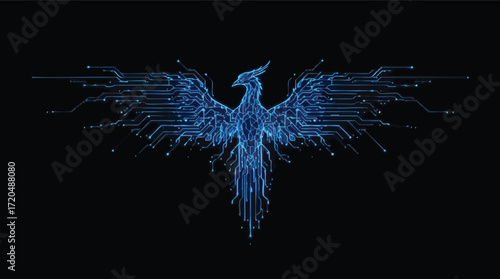Electric Blue Phoenix with Circuit Board Wings and Tail on a Dark Background abstract bird.