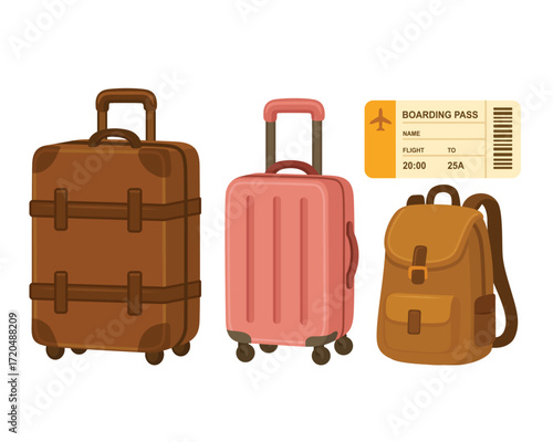 Luggage set with two suitcases, backpack and boarding pass. Flat cartoon style isolated on white background. Travel and tourism concept for design and print. Flat lay composition