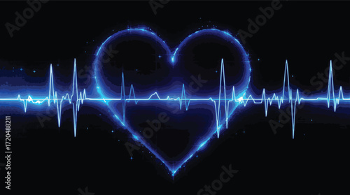 Glowing Blue Heart Silhouette with Heartbeat EKG Line on Black Background human heart cardiology.