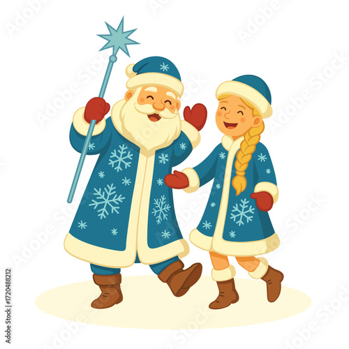 Ded Moroz and Snegurochka in traditional blue winter costumes with snowflake patterns. Cartoon character illustration isolated on white background. Russian Christmas and New Year celebration