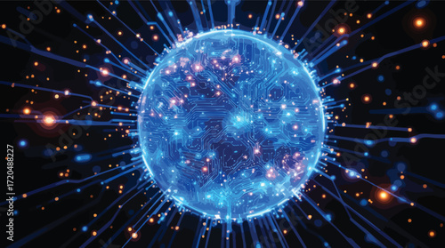 Glowing Blue Sphere With Internal Circuitry And Radiating Orange And Blue Light Trails globe planet.