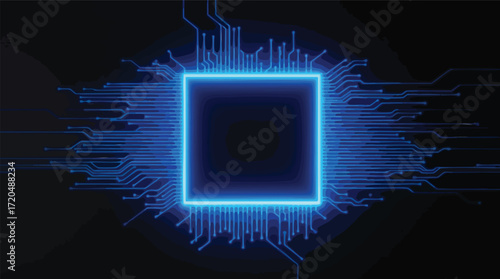 Glowing Blue Square Microchip With Connected Circuitry On Dark Background processor computer.