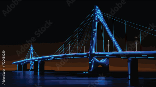 Illuminated Cable Stayed Bridge at Night with Neon Blue Lights and Water Reflection vector illustration.