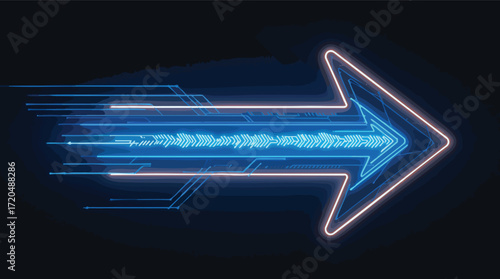 Neon Blue Arrow with Speed Lines and Circuitry on Dark Background digital technology.