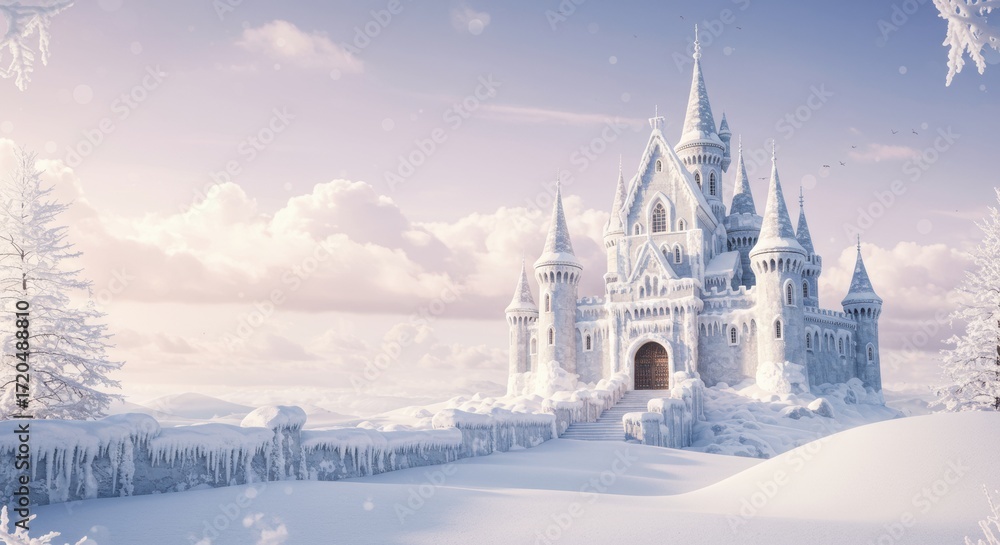 Obraz premium Enchanting Snow-Covered Castle in a Winter Wonderland
