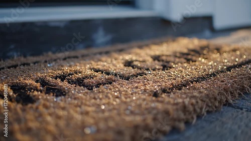 Close-up of a doormat with a welcome message, showcasing texture and detail.