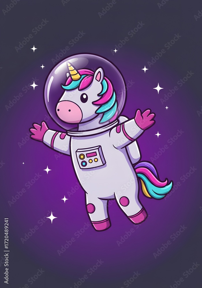 Fototapeta premium Cute Unicorn Astronaut Floating in Space with Stars