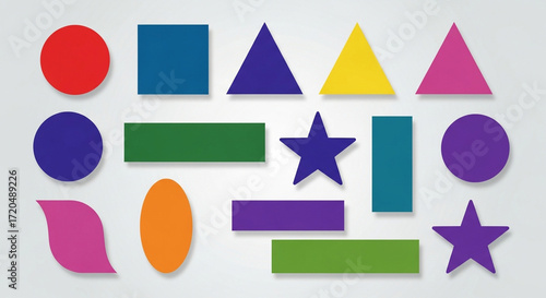 Free Download A vibrant collection of colorful geometric shapes and abstract forms arranged on a clean, light background, ideal for educational or design purposes - GFXLoad