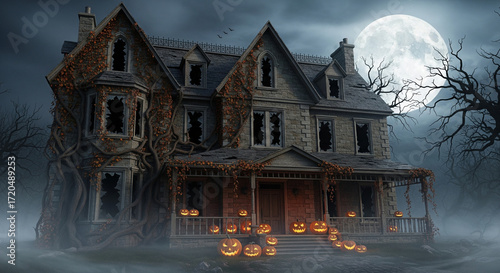 Abandoned mansion with broken windows and overgrown vines, glowing Jack-o'-lanterns on the porch