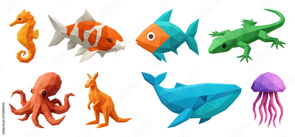 Naklejka premium PNG Colorful geometric animal illustrations, element set on transparent background