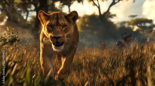 Majestic Lioness Stalking Prey in African Savanna at Golden Hour