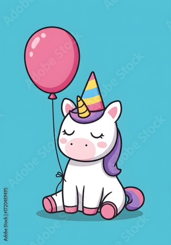 Cute Unicorn with Party Hat and Balloon, Kawaii Style