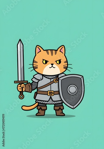 Cute Warrior Cat Holding Sword and Shield