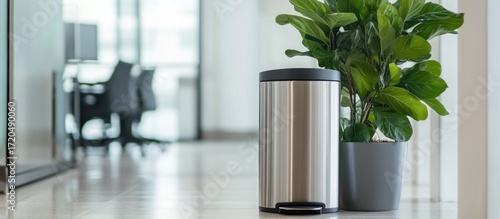 Stylish brushed stainless steel bin and decorative plant in office space