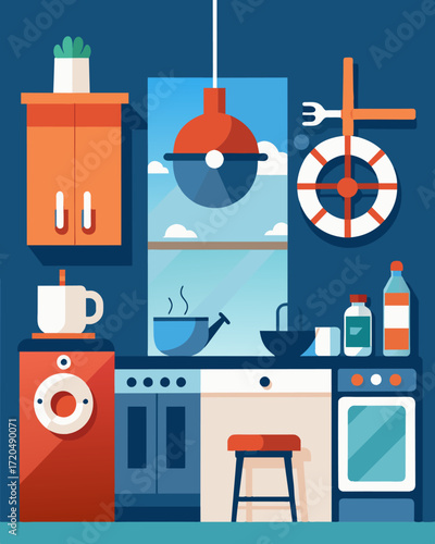 A modern kitchen adorned with nautical decor provides the perfect setting for a break from work to whip up a quick lunch break.. Vector illustration