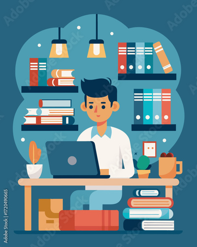 A freelance web designer works on a website layout while surrounded by the charming chaos of the bookshop café with stacks of old books and vintage trinkets on the nearby shelves.. Vector illustration