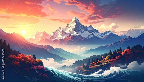 A vibrant landscape painting of a majestic mountain range with snow-capped peaks. The sky is awash in sunset hues, with a river in the foreground