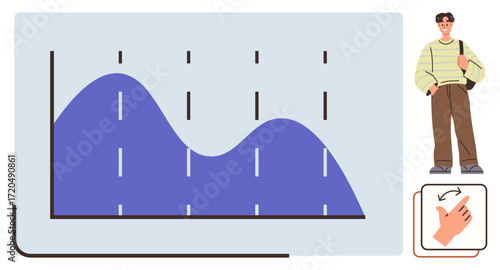 Wavy graph with dashed metrics, hand gesture for interaction, casual student standing. Ideal for data analysis, education, technology, teamwork, apps accessibility interactive design. Simple flat
