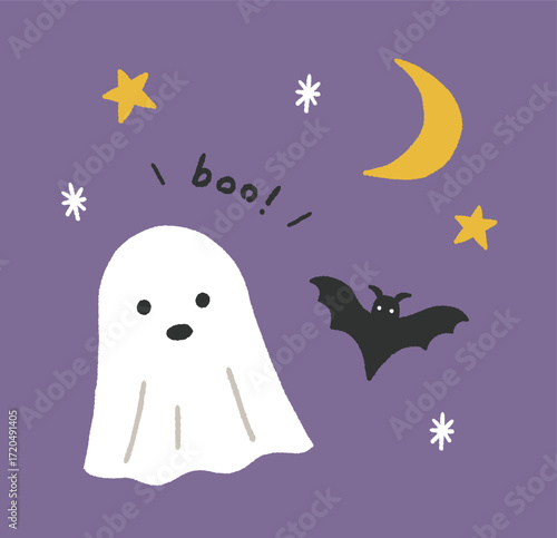 ハロウィンのおばけとコウモリの手書きイラスト	