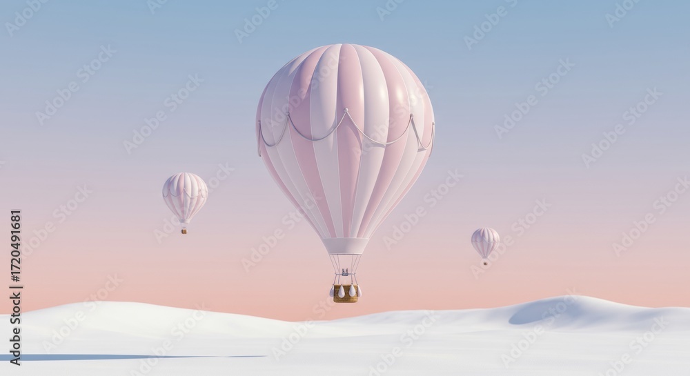 Obraz premium Pastel Pink Hot Air Balloons Soaring Over a Snowy Landscape