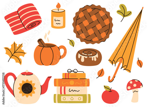 A set of autumn elements. Pie, cup of tea, umbrella, leaves, candle, blanket, books. Flat vector illustration.