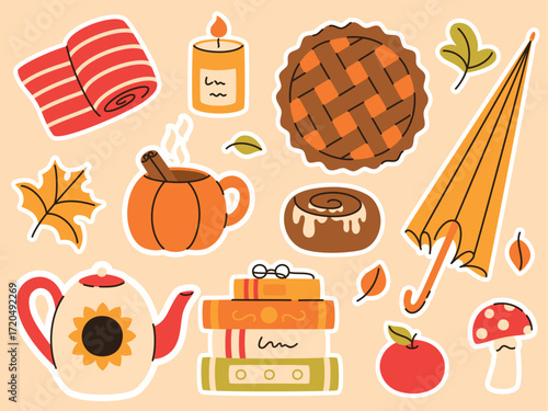 A set of autumn stickers. Pie, cup of tea, umbrella, leaves, candle, blanket, books. Flat vector illustration.